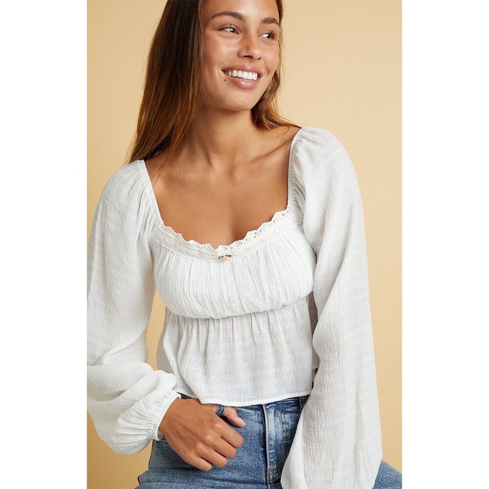 Beverly and Beck Lily Long Puff Sleeve Smocked Babydoll Crop Top White Sz M